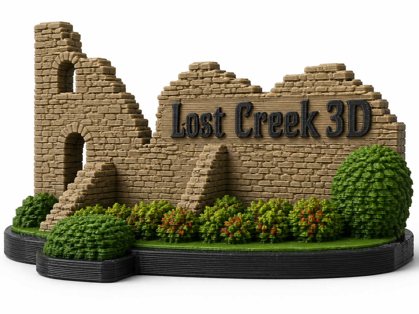 3D printed Lost Creek 3D sign with brick ruins and shrubs